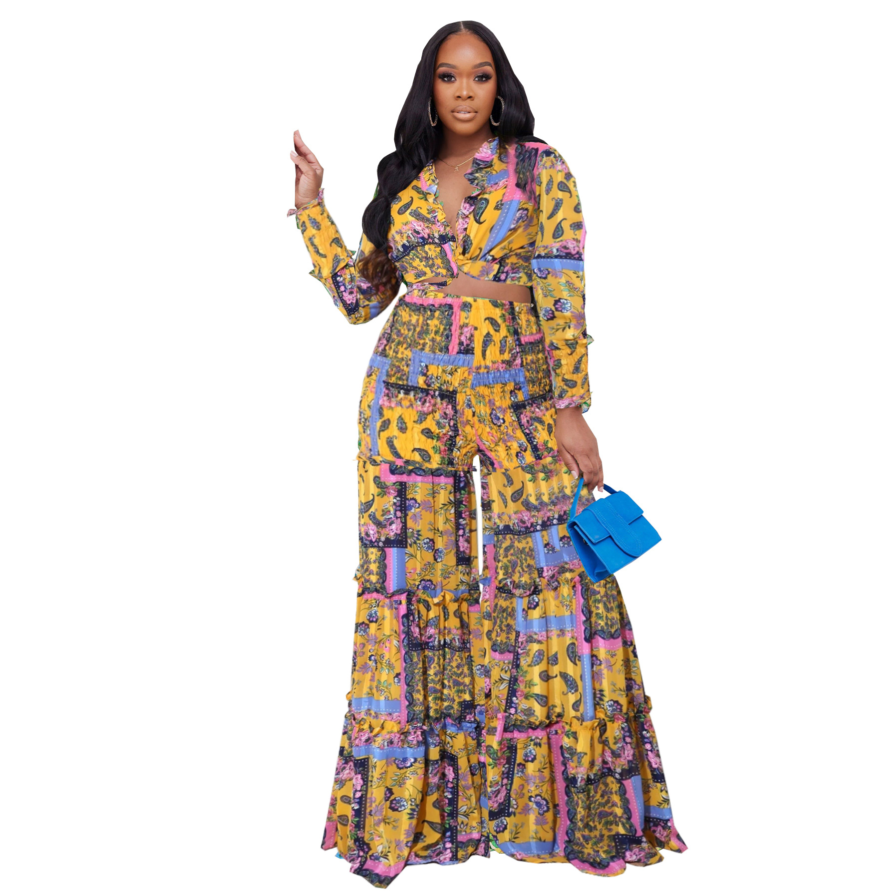 Women's Clothing fashion contrast color printed chiffon long sleeved lace up flared pants two piece suit _voghion.com