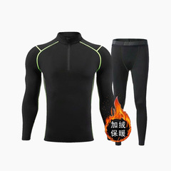 Men's Fleece Insulated Fitness Suit Outdoor Running Training Elastic Muscle Support Tight Top and Tight Bottom