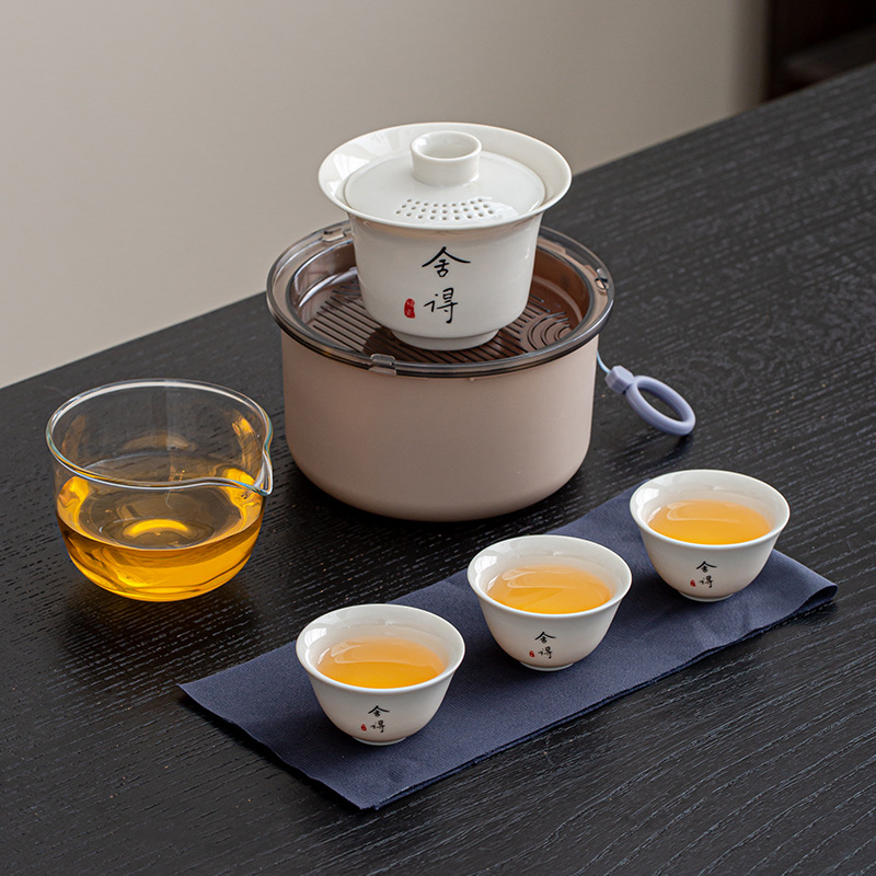 便携草木灰陶瓷旅行茶具套装盖碗一壶三杯户外车载泡茶杯商务礼品