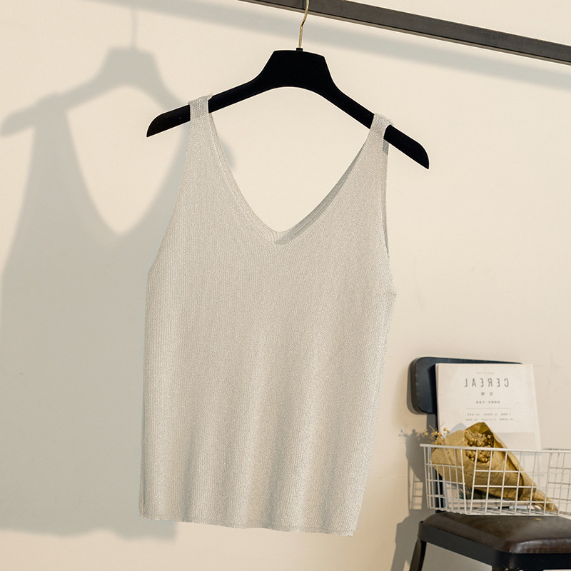 With small suit jacket inside the inner base shirt ice silk knitted short black bright silk camisole women's thin