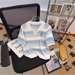 カウンター撤回カットラベル夏アイスシルクニット半袖Tシャツレディース新作ポロカラーコントラストストライプ刺繍トップ