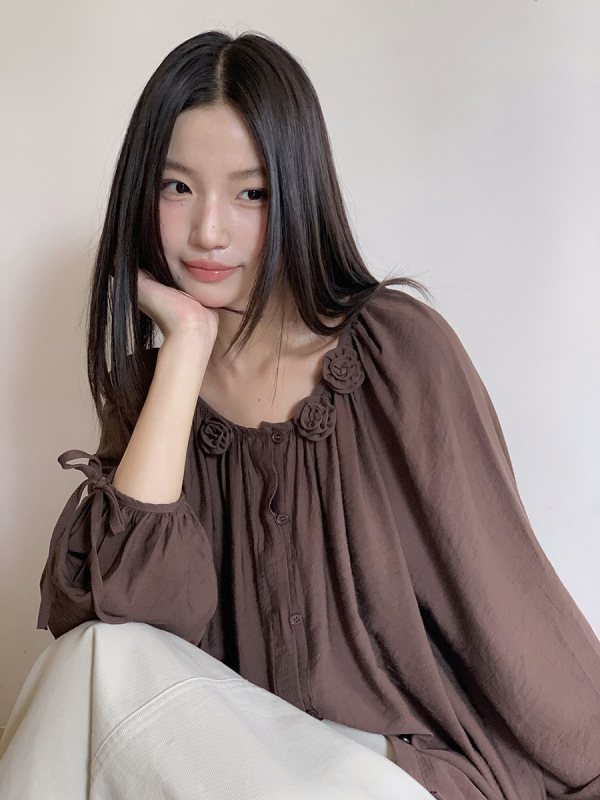 【松黎茶语】歌铭法式复古立体花朵长袖衬衣女秋季通勤上衣N454C|undefined