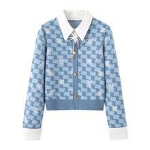 2024秋冬新款女装休闲百搭棋盘格纹假两件套老花针织衫1EEE449159