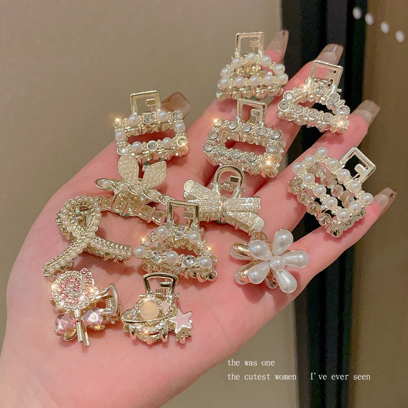 Oreja de conejo pequeño clip de las mujeres de alto grado Perla Rhinestone horquilla accesorios para el cabello Cabeza trasera medio lazo de pelo clip de tiburón horquilla