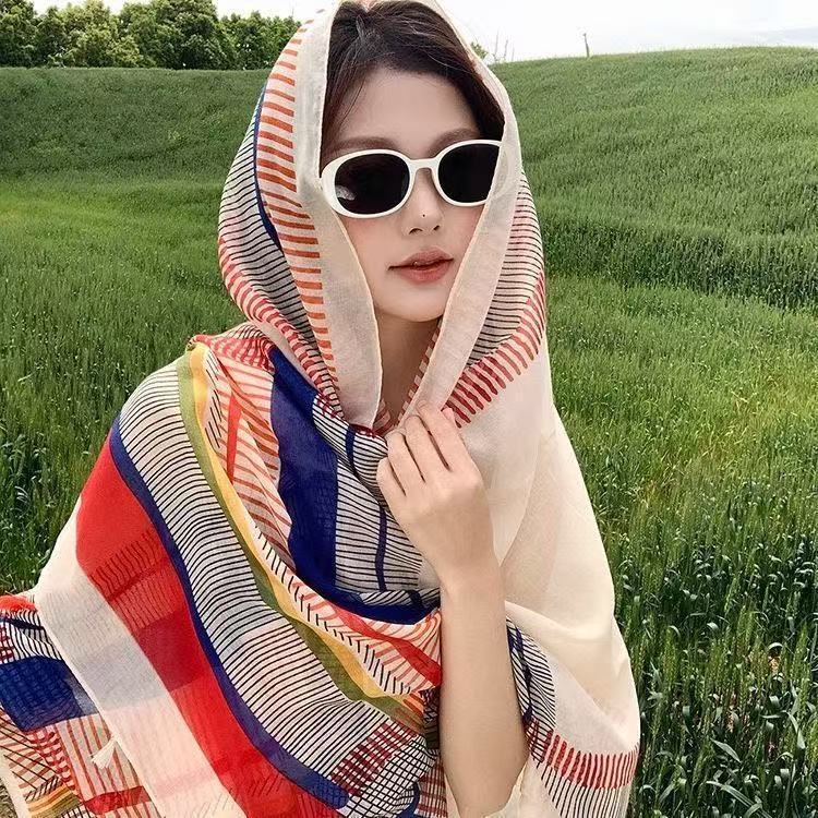Ethnic-style buttoned sunscreen shawl for women, summer thin travel sunshade head wrap, versatile cotton-linen scarf for sun protection Ethnic-style buttoned sunscreen shawl for women, summer thin travel sunshade head wrap, versatile cotton-linen scarf for sun protection