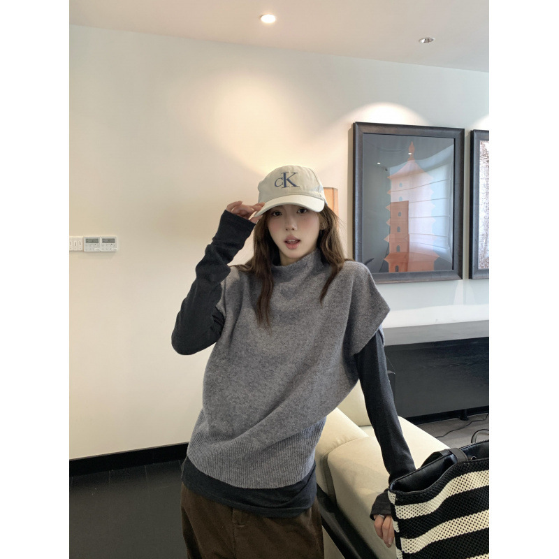 韩系辣妹叠穿短袖半高领休闲针织上衣修身褶皱长袖打底两件套女|undefined