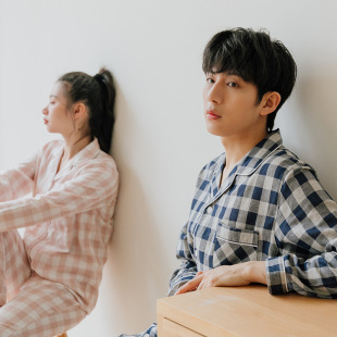 Rely on 75-cotton gauze couple pajamas men's spring and autumn cotton long-sleeved home wear autumn Japanese plaid suit