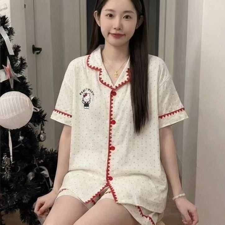 Pijamas de media luna al por mayor transfronterizos de verano de nuevo algodón nubes con solapa de manga corta pantalones cortos casuales set de ropa casera