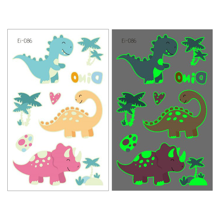 Suministro transfronterizo nuevo dinosaurio luminoso tatuaje pegatinas niños dibujos animados diversión pegatinas luminosas pegatinas temporales del tatuaje