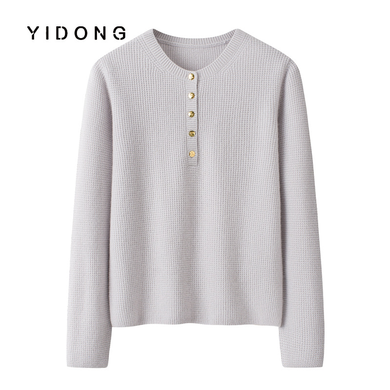 12针单畦正肩套头小香风扣半开针织衫圆领纯山羊绒女休闲保暖毛衣