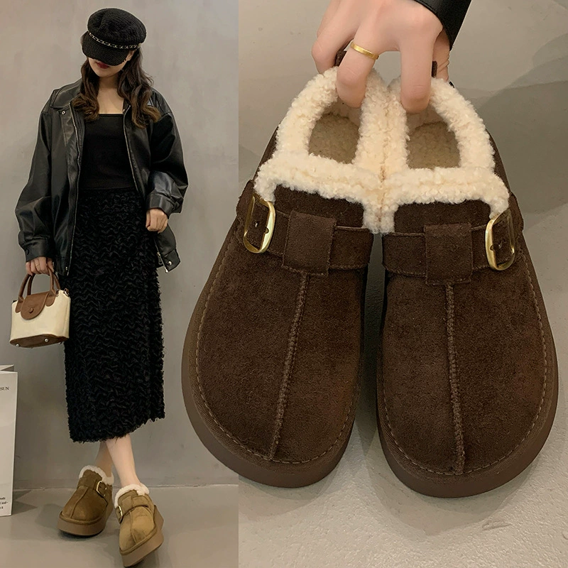 Retro thick-soled plus velvet Birkenstock shoes for women 2025 new winter outer wear non-slip warm Northeast thickened cotton shoes