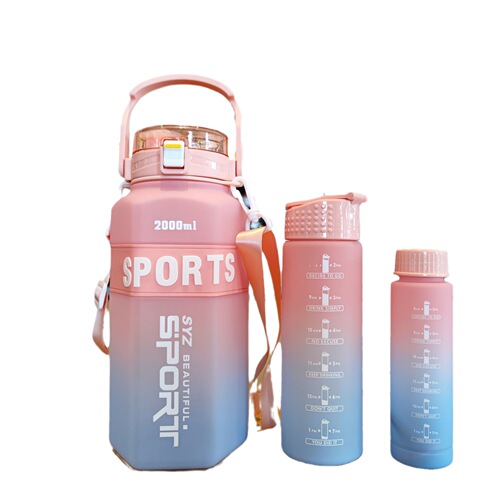 Large-capacity gradient water bottle fitness sports water bottle outdoor straw three-piece set hexagonal double drinking plastic water cup