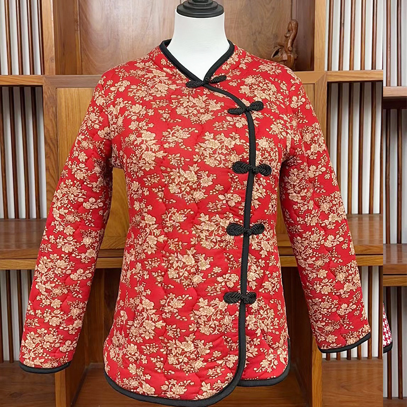 Northeast Flower Coat Retro Black Edge Button New Cotton Coat Retro Chinese Style Cotton Coat Chinese Ethnic Style Mesh Red Print