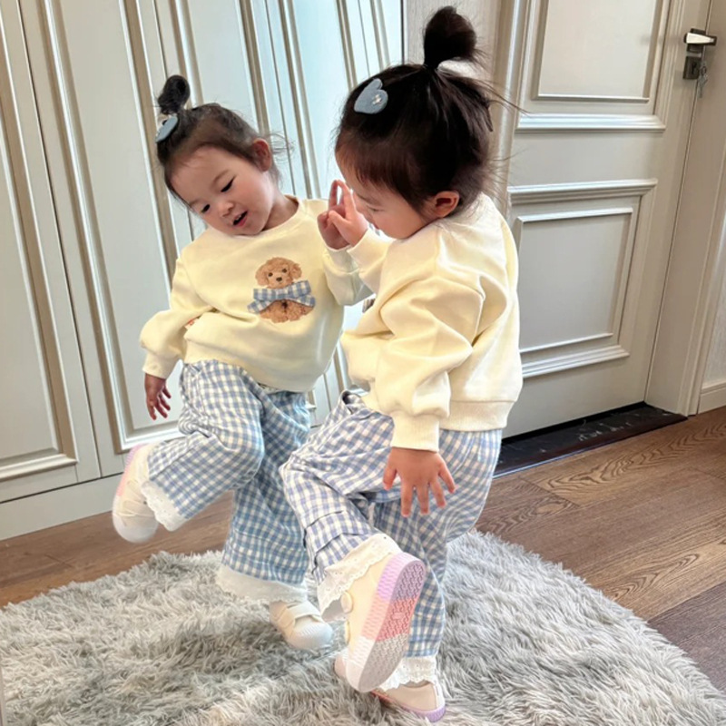 女童裤子早秋2025新款韩版儿童巨好看蕾丝格子阔腿裤小女孩休闲裤|undefined