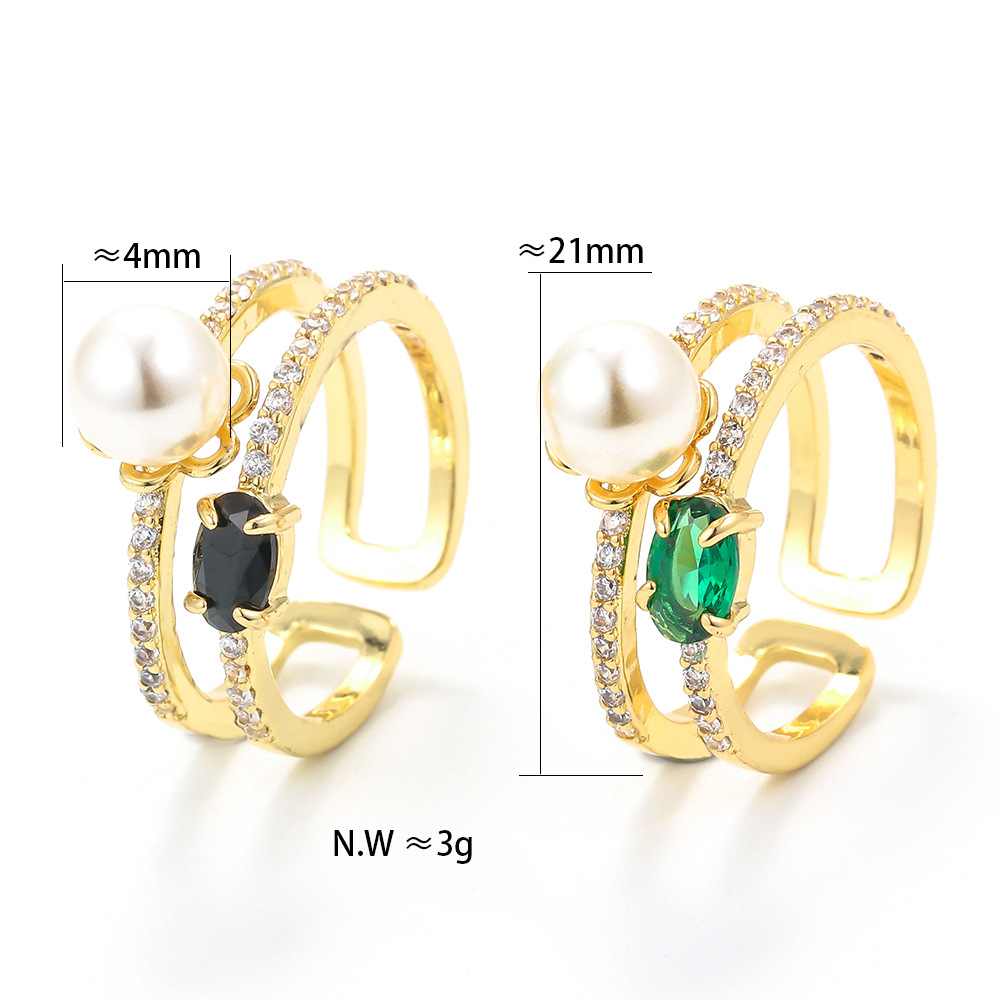 Copper Material Wholesale Jewelry Copper Micro-inlaid Zircon Pearl Double-layer Opening Ring