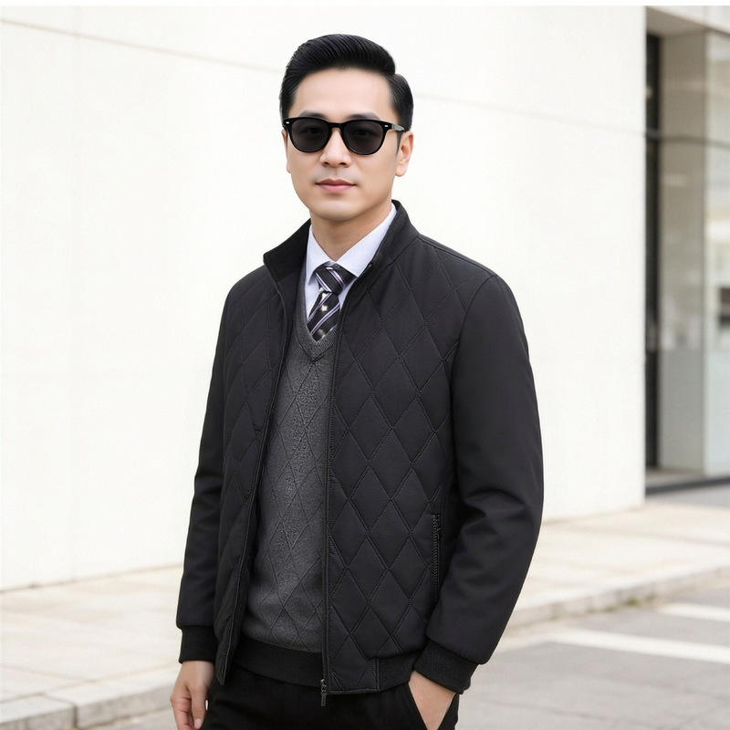 Autumn and winter middle-aged men's diamond-patterned quilted jacket, business stand-up collar thin cotton coat for dads, mulberry silk cotton coat Autumn and winter middle-aged men's diamond-patterned quilted jacket, business stand-up collar thin cotton coat for dads, mulberry silk cotton coat