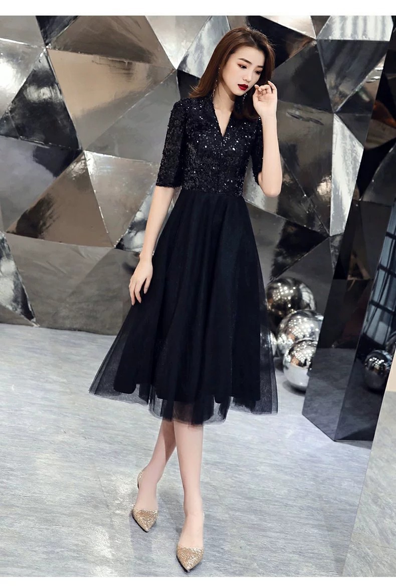 ​​Elegant Black Cocktail Dress – High-Waisted A-Line Midi Dress With Cap Sleeves & Back Zipper ( Date Nights Office-to-Evening Transitions)​​_ecoleips.com