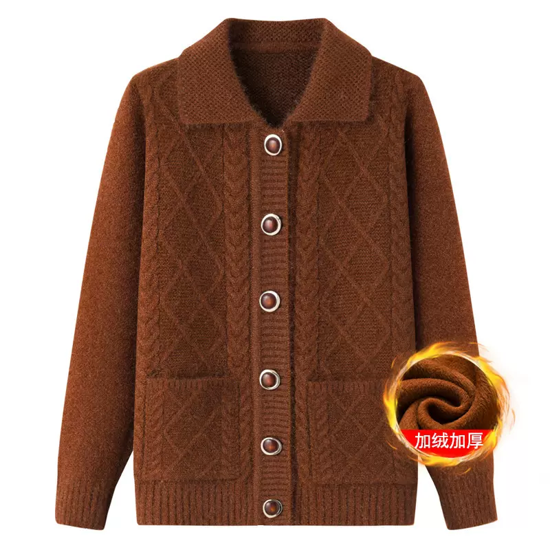 老年人秋冬外套女奶奶装加厚翻领妈妈装针织衫开衫中老年毛衣春装