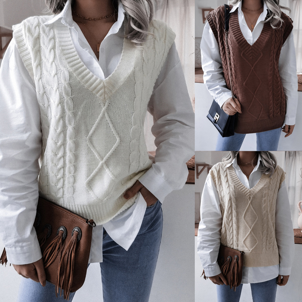 Sleeveless V-Neck Twist Loose Knitted Sweater Vest NSBJ100644