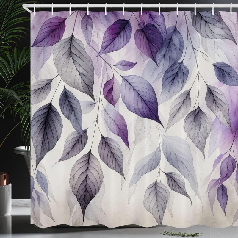 Purple Shower Curtain Cold Morning Leaves Cascading Monochrome Pastel Shades Fabric Bathroom Decor Set with Hooks