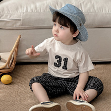 点兮婴儿套装2025新款男童短袖T恤格子短裤夏季宝宝薄款衣服两件