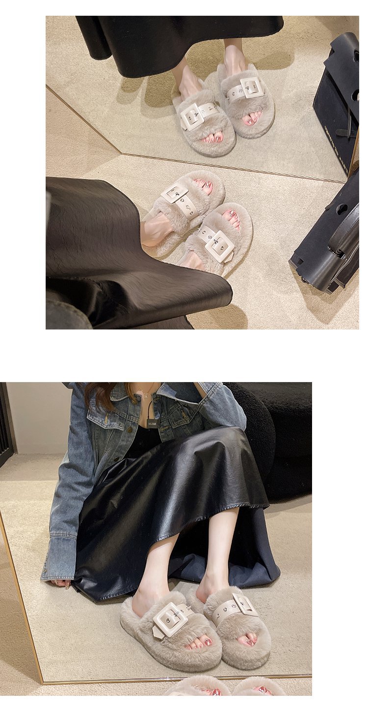 Pelzige Hausschuhe für Damenoberbekleidung, schwangere Frauen, große Hausschuhe mit dicken Sohlen, Gürtelschnalle, Plüsch, Ein-Wort-Baumwollhausschuhe_voghion.com