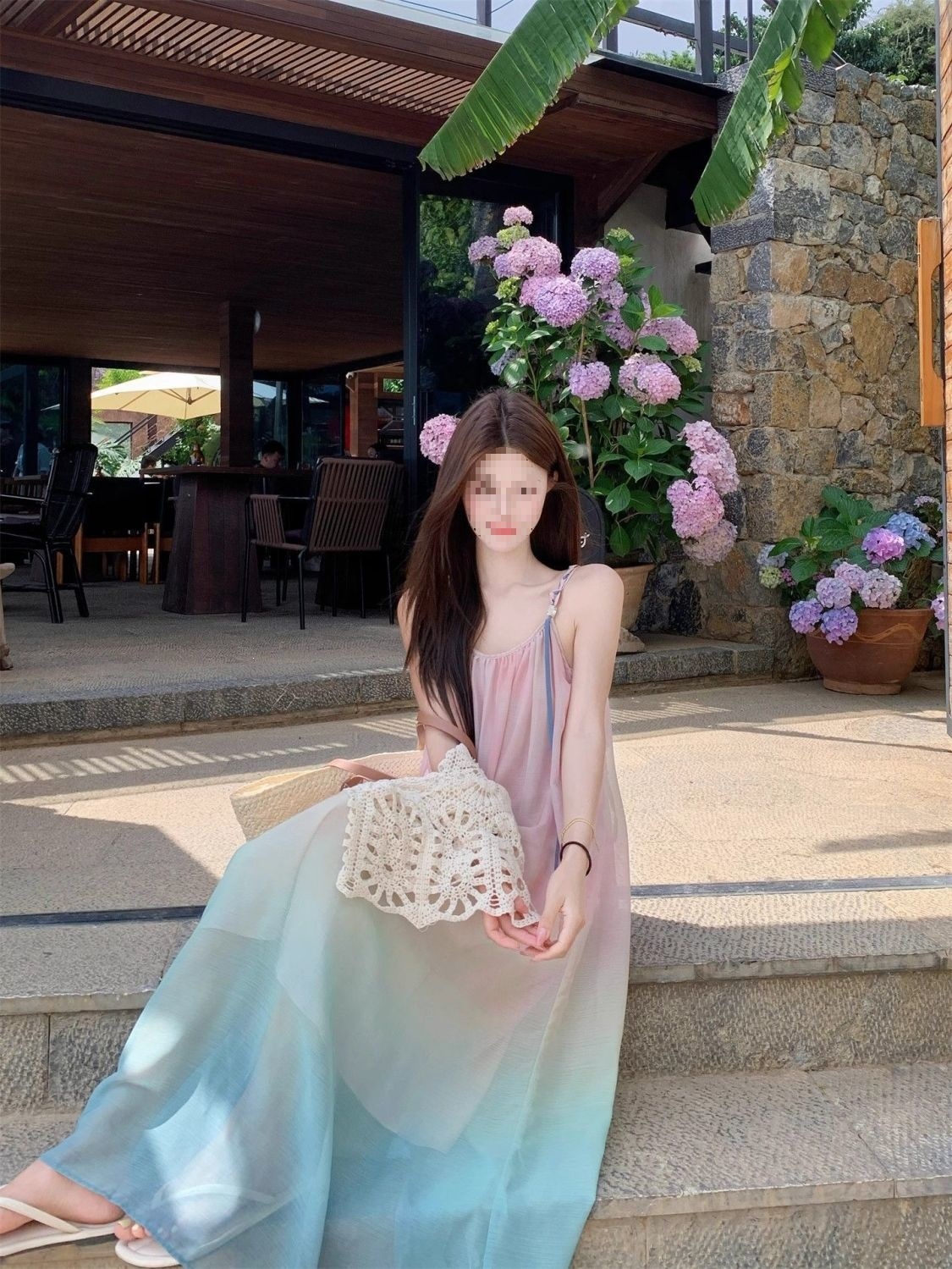 Đầm maxi nữ dây treo họa tiết ombre loang màu phong cách biển — Đầm voan (Version), Đầm voan (phiên bản thường) chi tiết 12