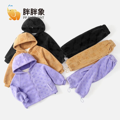Boys, girls, small and medium-sized children, hooded thickened warm double-sided Austrian velvet embossed suit top + pants