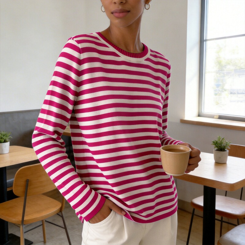 Cross-Border Ralph Lauren Knitwear European and American Autumn and Winter Round Neck Striped Sweater Commuting Casual Pullover Long-Sleeved Knitwear for Women