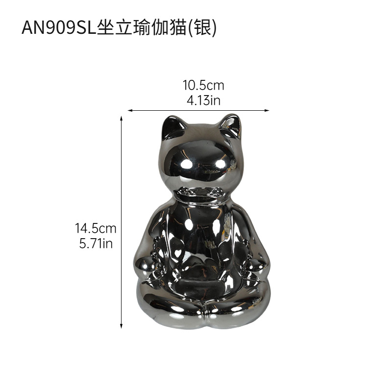 Adornos de gato de cerámica plateada, sala de estar, mueble de TV, mueble de vino, porche para el hogar, estantería de escritorio, decoraciones suaves