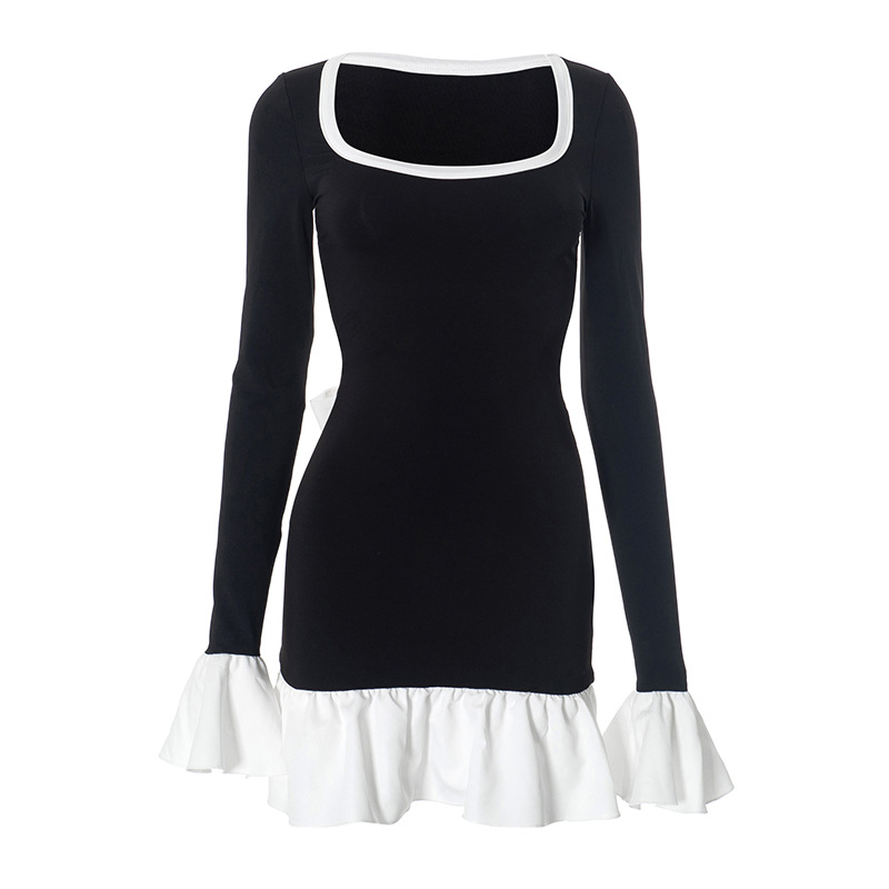 Women Clothing U Collar Color Contrast Patchwork Waist Tight Slingback Elegant Dress