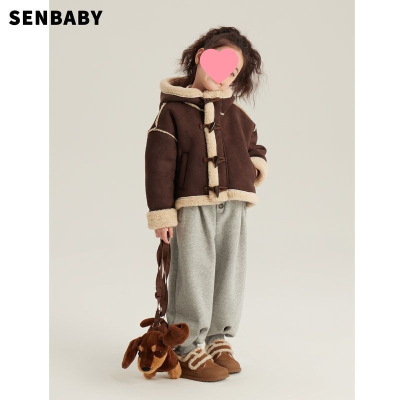 女童加厚外套冬装新款童装中大童连帽麂皮绒加厚牛角扣外套潮