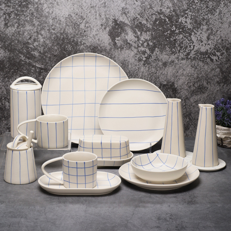 Creative Striped Ceramic Plates and Mugs, Fresh and Simple Semi-Gloss Dishes and Tableware for Home Use, Steak Plates, Butter Dishes