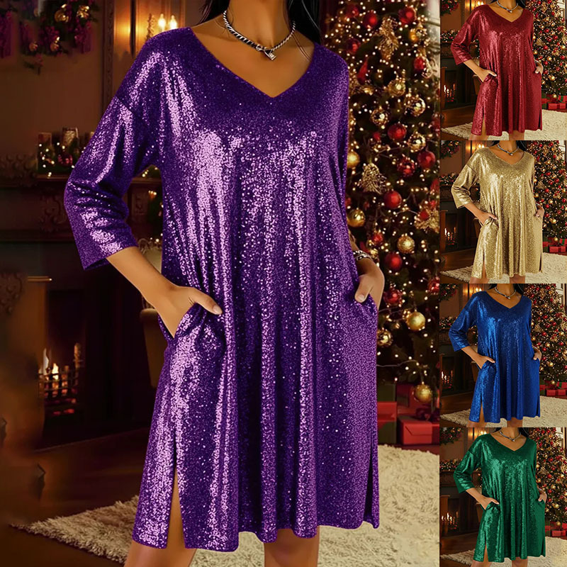 2025 New European and American Style Amazon Independent Site Cross-Border Loose V-Neck Nine-Quarter Sleeve Dress with Slit Hem