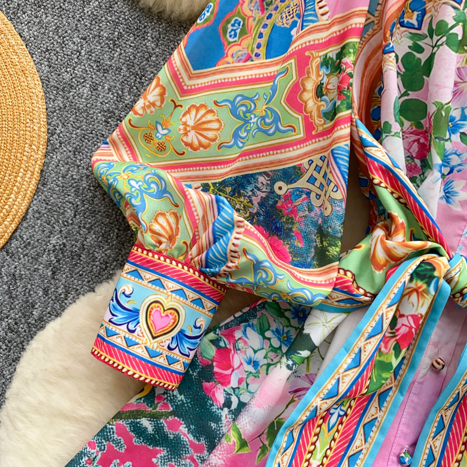 Women's Bohemian Print Dress Korean Style Long Sleeve Shirt Collar Tie Waist Cinching a Line Skirt for Vacation Summer_ecoleips.com