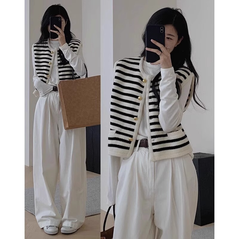 Chanel Style Black and White Striped Knitted Vest Cardigan Women's Spring and Autumn Stacked Outer Vest Sweater Vest Sleeveless Top