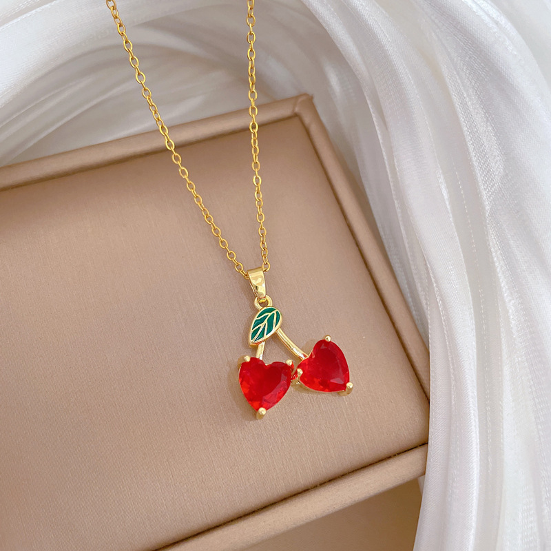Elegant Red Cherry Necklace In Titanium Steel With Full Diamonds_voghion.com