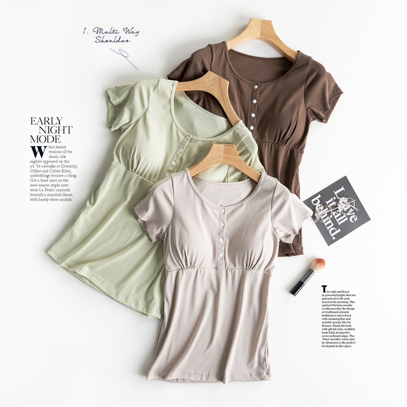 Pure Cotton Breastfeeding Short-sleeved Postpartum Breastfeeding T-shirt Pregnant Women's Pajamas Single-piece Top Half-sleeved Moon Dress Spring and Summer Thin