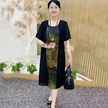 Tz夏季妈妈装连衣裙大富婆连衣裙披肩假两件设计中年显瘦气质连衣