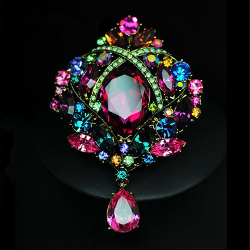 High-end jewelry drop-shaped large glass rhinestone-encrusted mixed-color crystal brooch for women, featuring diamond accents.