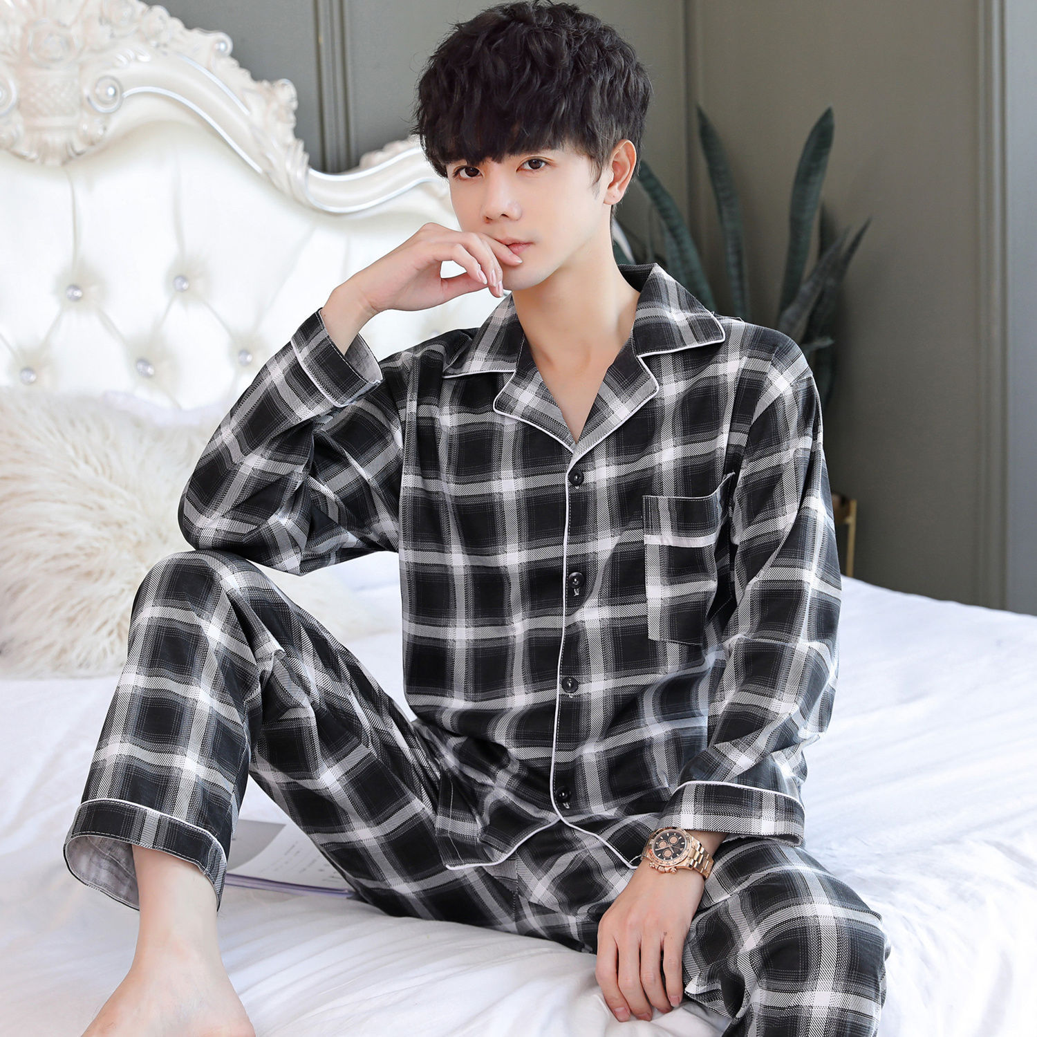 Pijamas de hombre Pijamas de primavera y otoño pantalones de algodón de manga larga de los hombres cardigan verde de mediana edad ropa de hogar traje de invierno para los ancianos