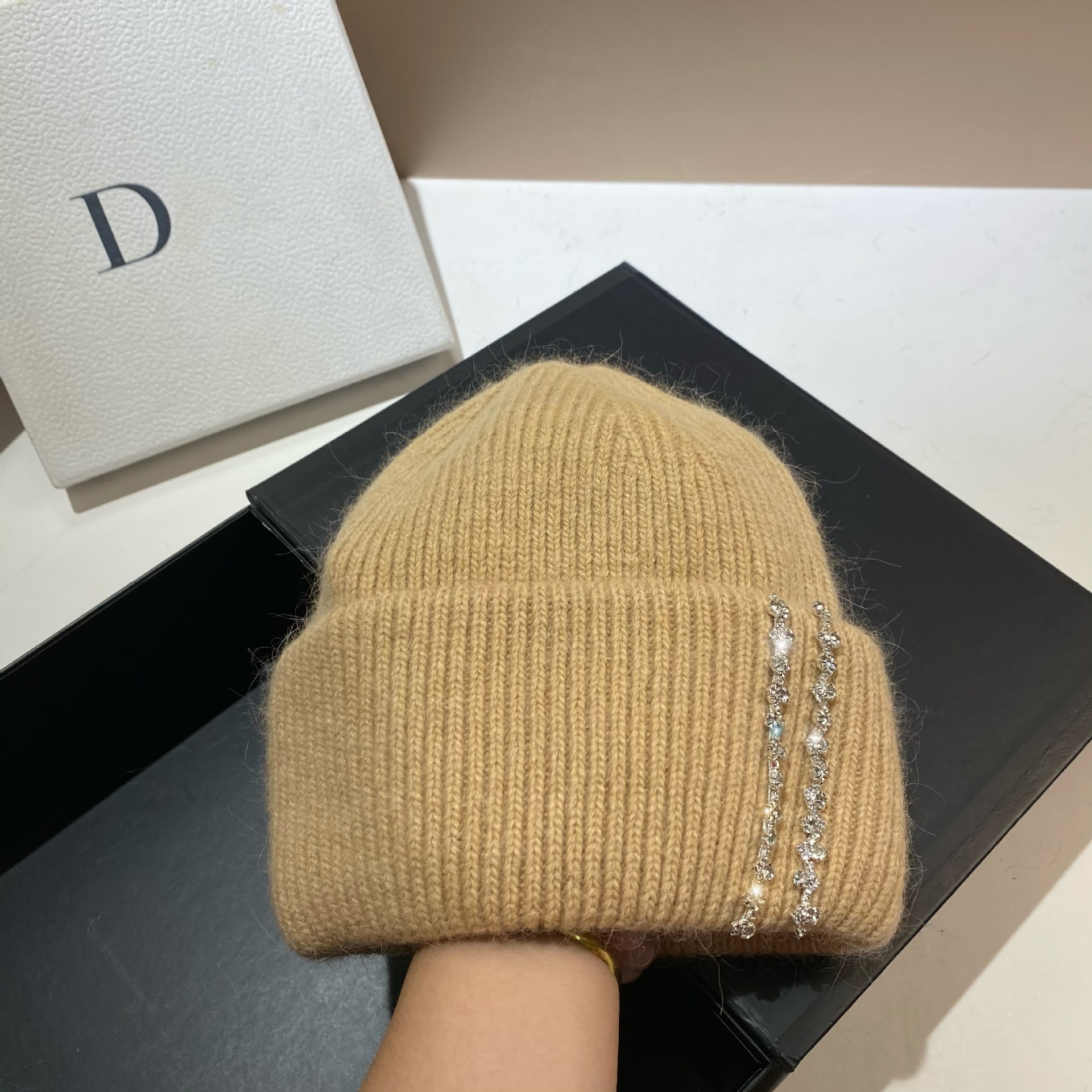 Winter-Thermomütze für den Außenbereich, langes Kaninchenhaar, doppelt gefaltete Strickmütze, Mode-Promi-Feng-Shui-Diamant-Wollmütze_voghion.com