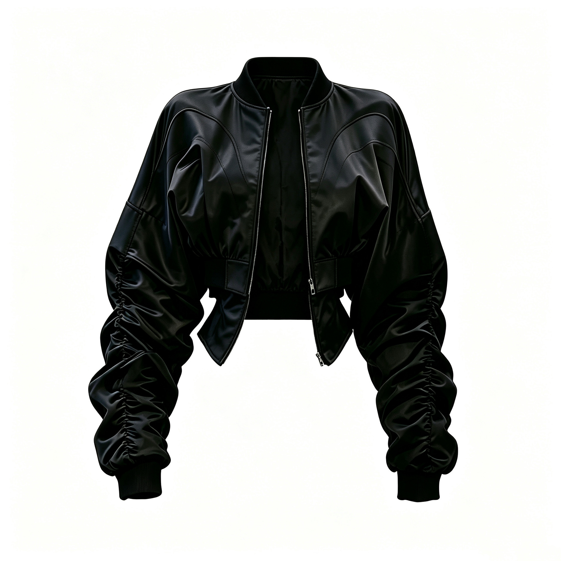 American-style cool and chic leather patchwork design, pleated stacked sleeves, acetate satin leather jacket for women, new stand-up collar, waist-cinching baseball jacket