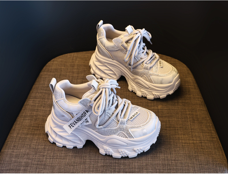 Giày sneaker nữ chunky đế dày tăng chiều cao đính đá rhinestone phong cách thể thao — Màu súng chi tiết 5