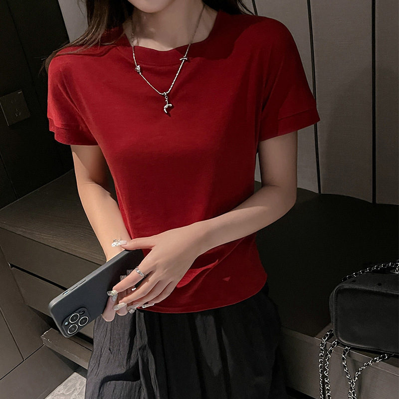 2025 Summer New Solid Color Simple Casual High-end Sense Shoulder Short-sleeved T-shirt Women's Pure Desire All-match Slim-fit Top