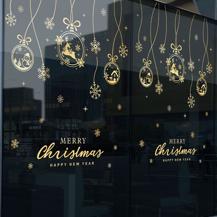 圣诞节装饰酒店氛围布置玻璃门贴纸商场珠宝店铺静电贴烫金橱窗贴