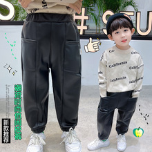 牛范儿童皮裤加绒加厚冬款一体绒男童束脚裤男宝宝PU皮裤宽松裤子