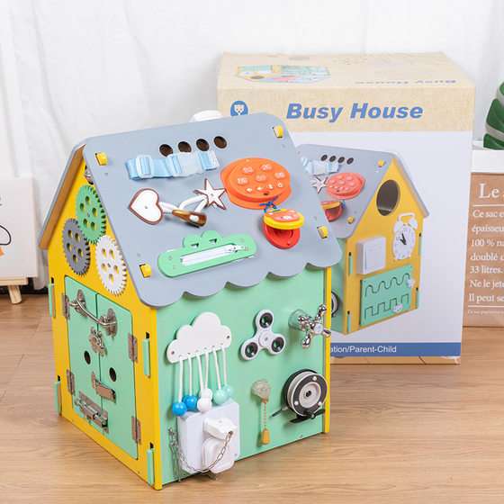 Cross-border wooden children's Montessori baby key unlocking with light early education busy house busy house educational toys