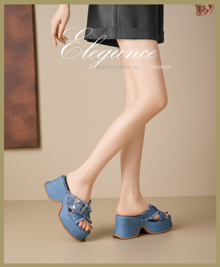 Dép sandal cao gót nữ hở mũi đế xuồng 9 cm quai ngang chất denim — Màu xanh lam denim, Vải bò trắng be chi tiết 1