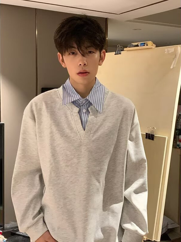 Retro Shirt Collar American Sweatshirt Men's Spring & Fall Niche Fake Two-Piece Polo Shirt with Long-Sleeved T-Shirt Lapel Top